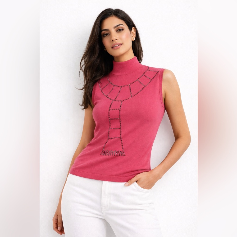 Sonia Rykiel Rhinestone Turtleneck Top Pink Sleeveless Designer Paris Chic Y2K